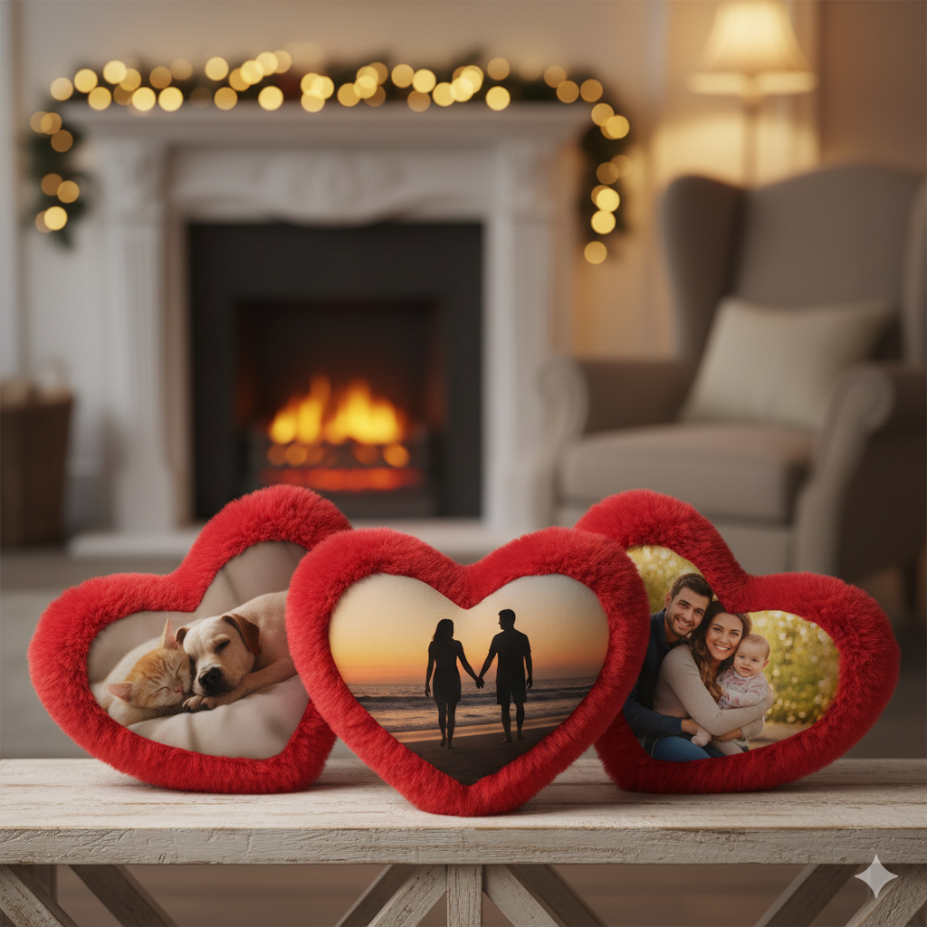 Soft Red Heart Shape Fur Custom Cushion | Personalized Photo Cushion Gift for Birthday, Anniversary & Valentine