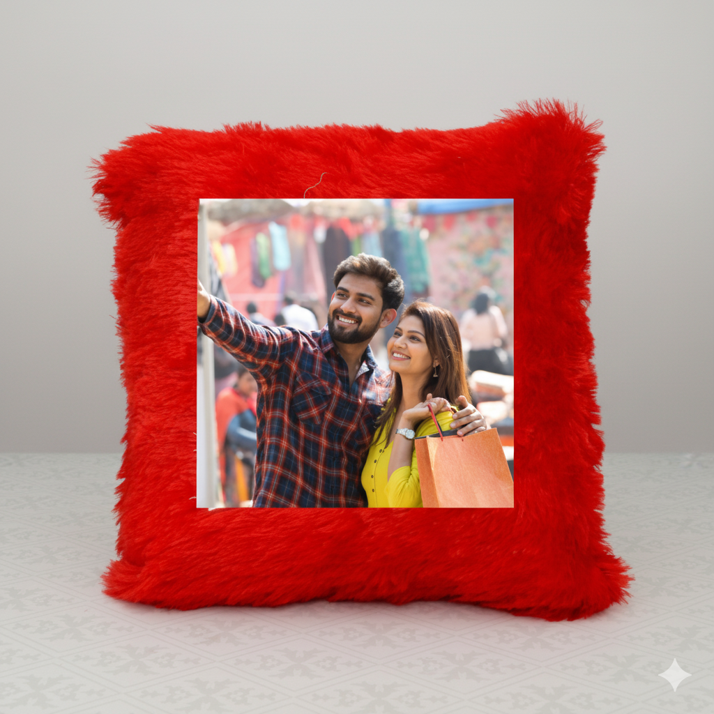 Personalized Red Square Fur Cushion – Soft, Luxurious & Custom Photo Gift for Special Moments