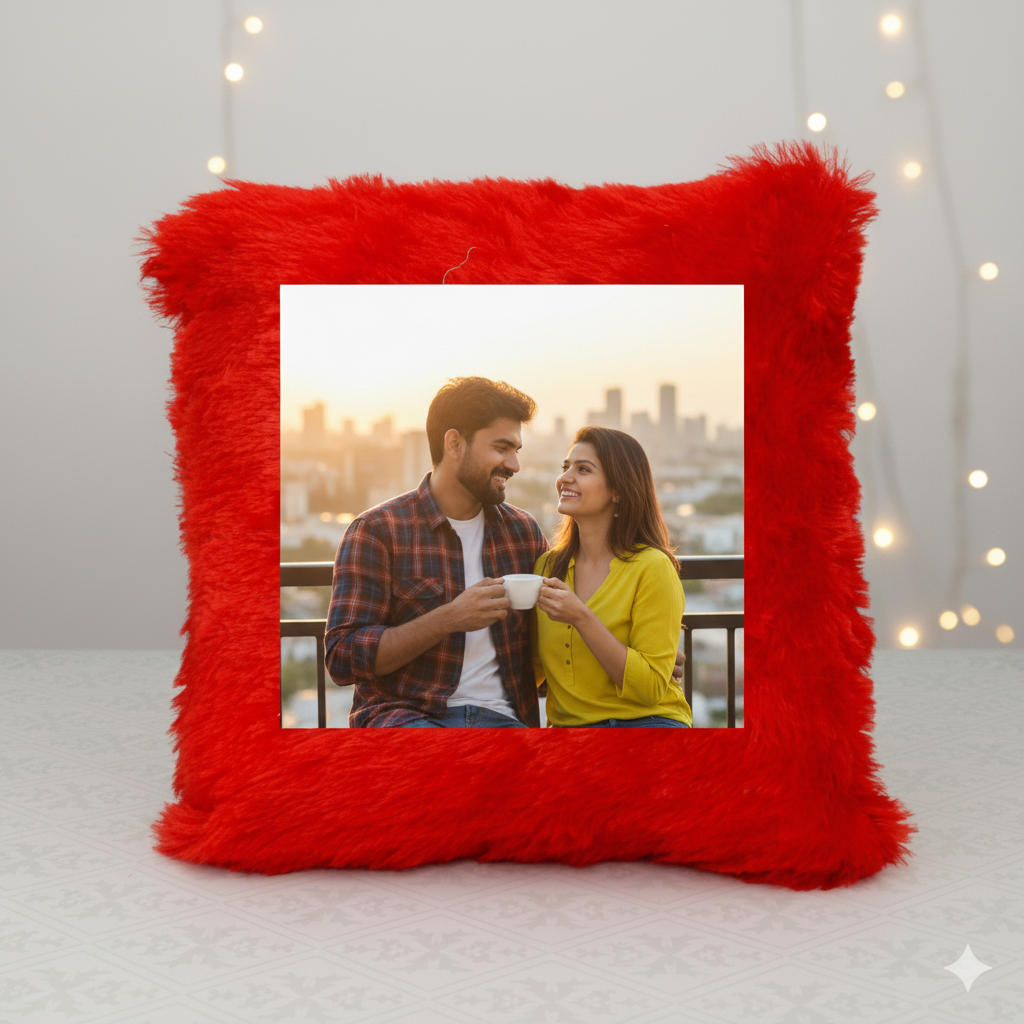 Personalized Red Square Fur Cushion – Soft, Luxurious & Custom Photo Gift for Special Moments