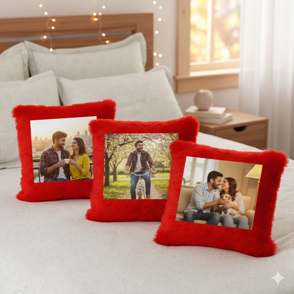 Personalized Red Square Fur Cushion – Soft, Luxurious & Custom Photo Gift for Special Moments