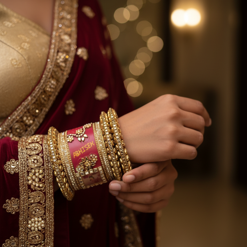 Personalized Bridal Chooda with Couple Photo | Custom Wedding Bangle Set for Bride